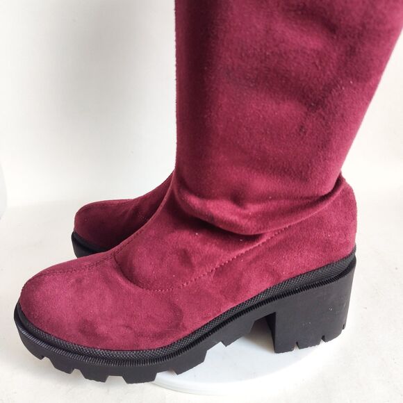 Wild Diva Thigh High Over The Knee Sock Boots Size 6.5 Faux Suede Burgundy Vegan - Picture 6 of 13
